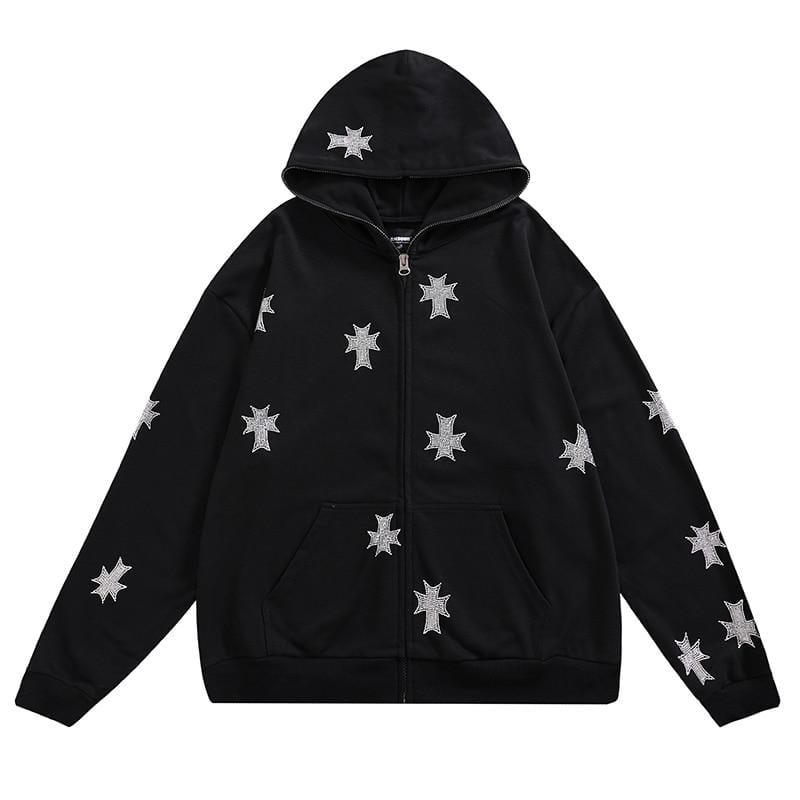 "Rhinestones Cross" Zip Hoodie